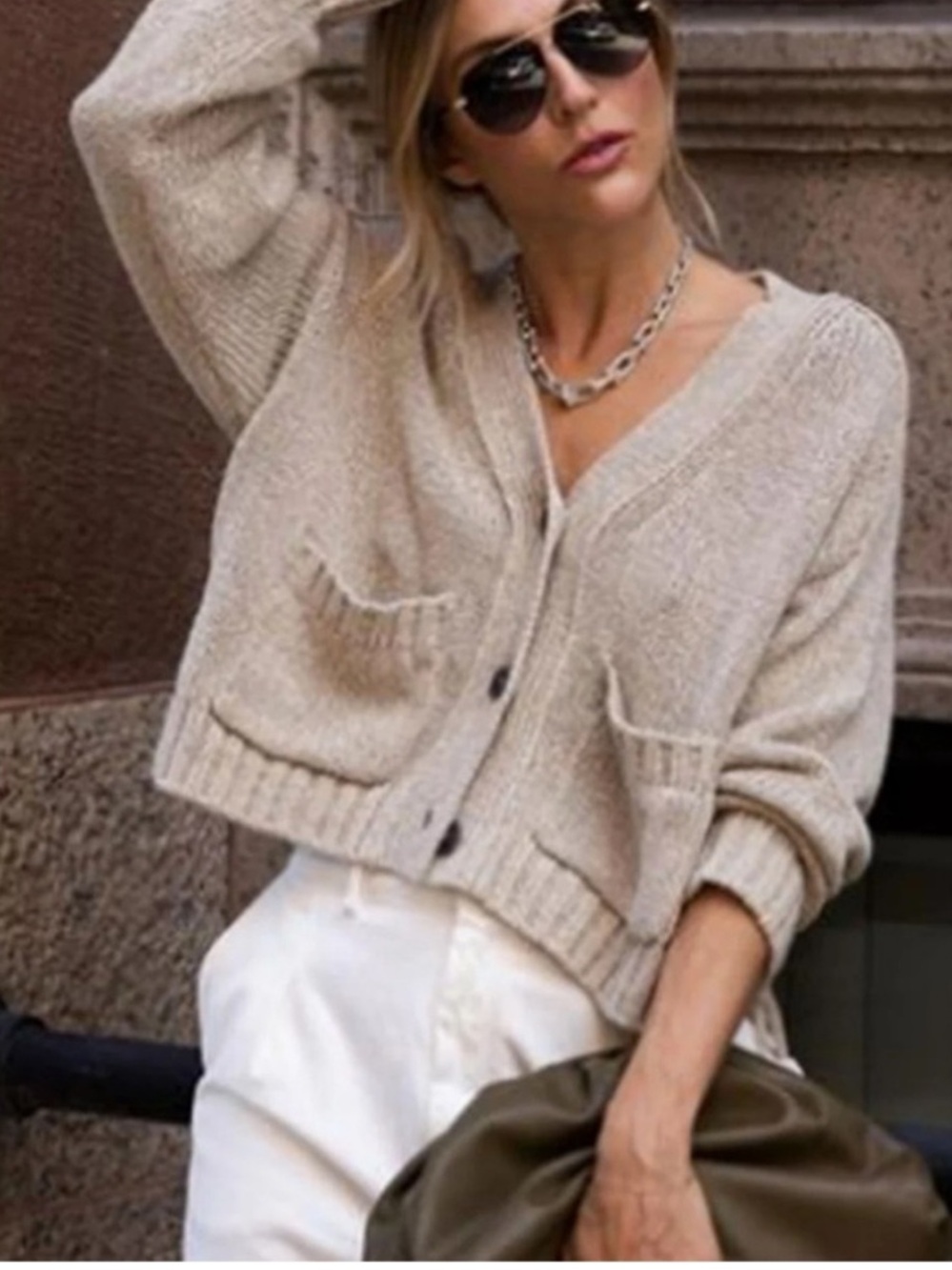Brochu Walker Cropped Cardigan in Tan / Biege